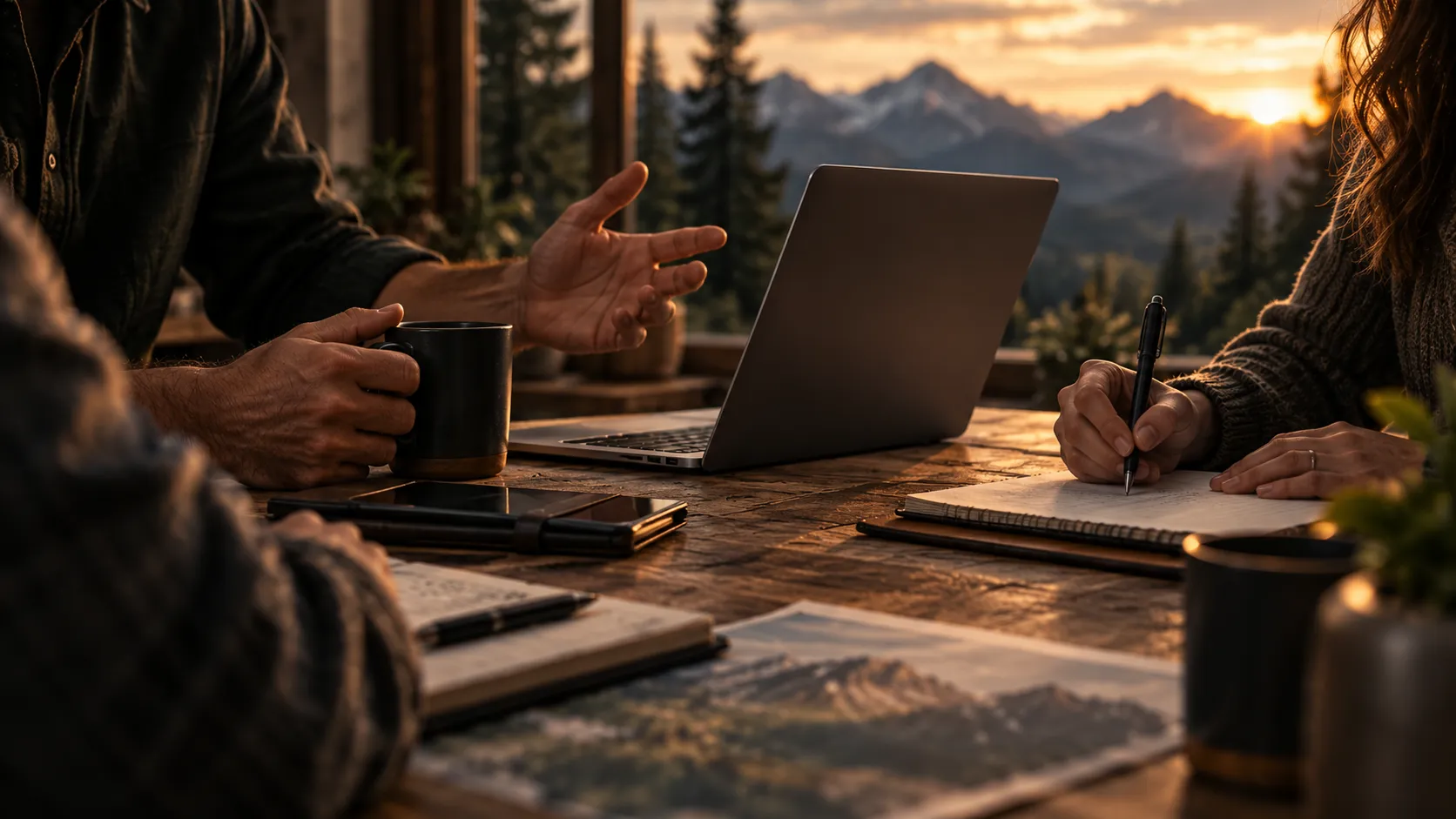 Two people discussing work beside a laptop and notebooks at sunset.